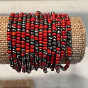 Vtg Anthropologie Multi-strand Chunky Wood Buckle Hematite Seed Beads Bracelet R